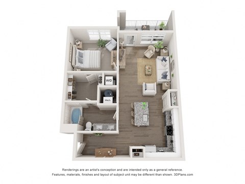 a 3d floor plan of a 1 bedroom apartment